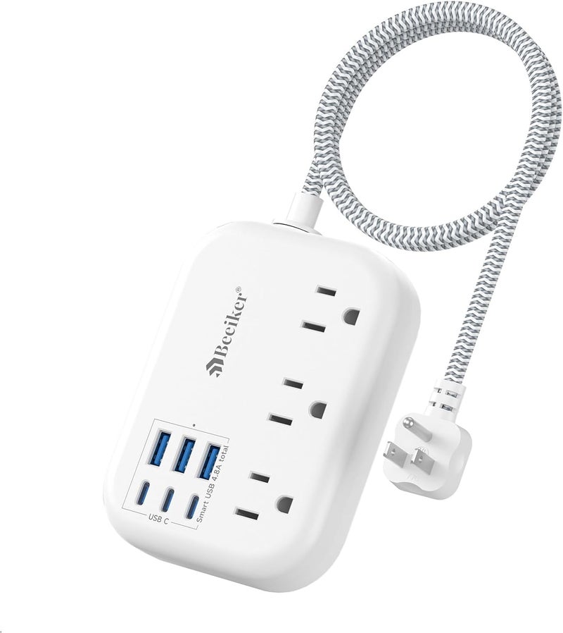 Beeiker Short Extension Cord 2 Foot- 6 USB(3 USB C) Travel Power Strip with 24W USB Charging Station and 3 Outlets, 2ft Small Flat Plug Extension Cord Surge Protector for Travel Home College Dorm 13A - Image 1